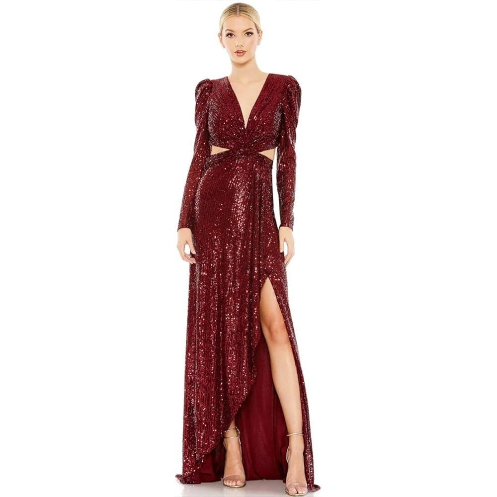 Mac Duggal Gown Women Size 6 Wine Sequin Cut-Out Long Sleeve Maxi Dress 26739